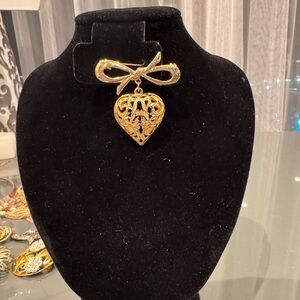 Vintage Gold Heart Pendant Brooch with Bow